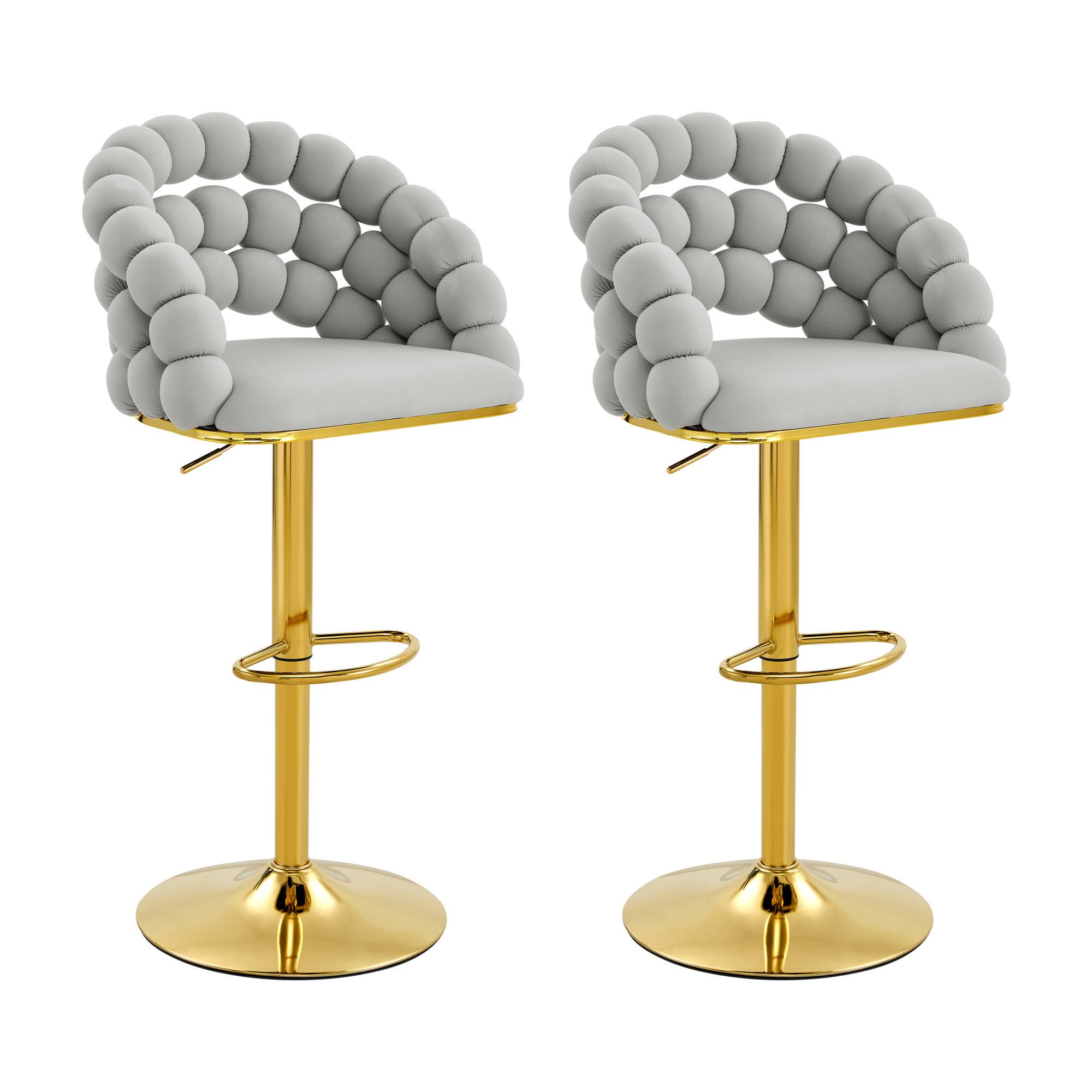 BARHOCKER 2er-Set aus Samt mit Gold-Gestell, Kugelketten-Rückenlehne und höhenverstellbar - Hellgrau, Textil (45/112/52cm) - Urban Meuble