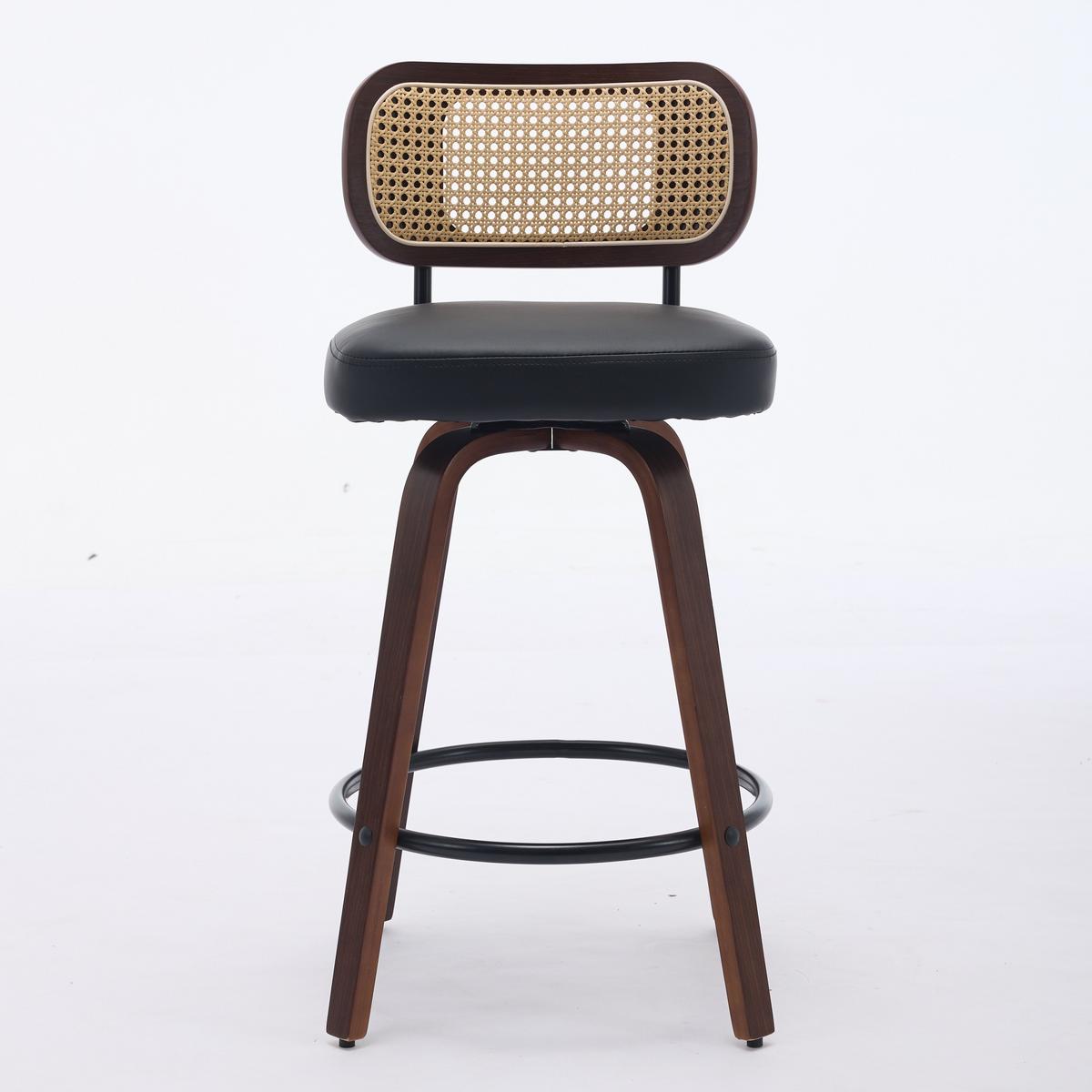 BARHOCKER SET 2 STK. 90 cm Walnuss & Schwarz Drehbare Rattan Barstühle mit Polstersitz - Schwarz, Leder (56/90/43cm) - Urban Meuble