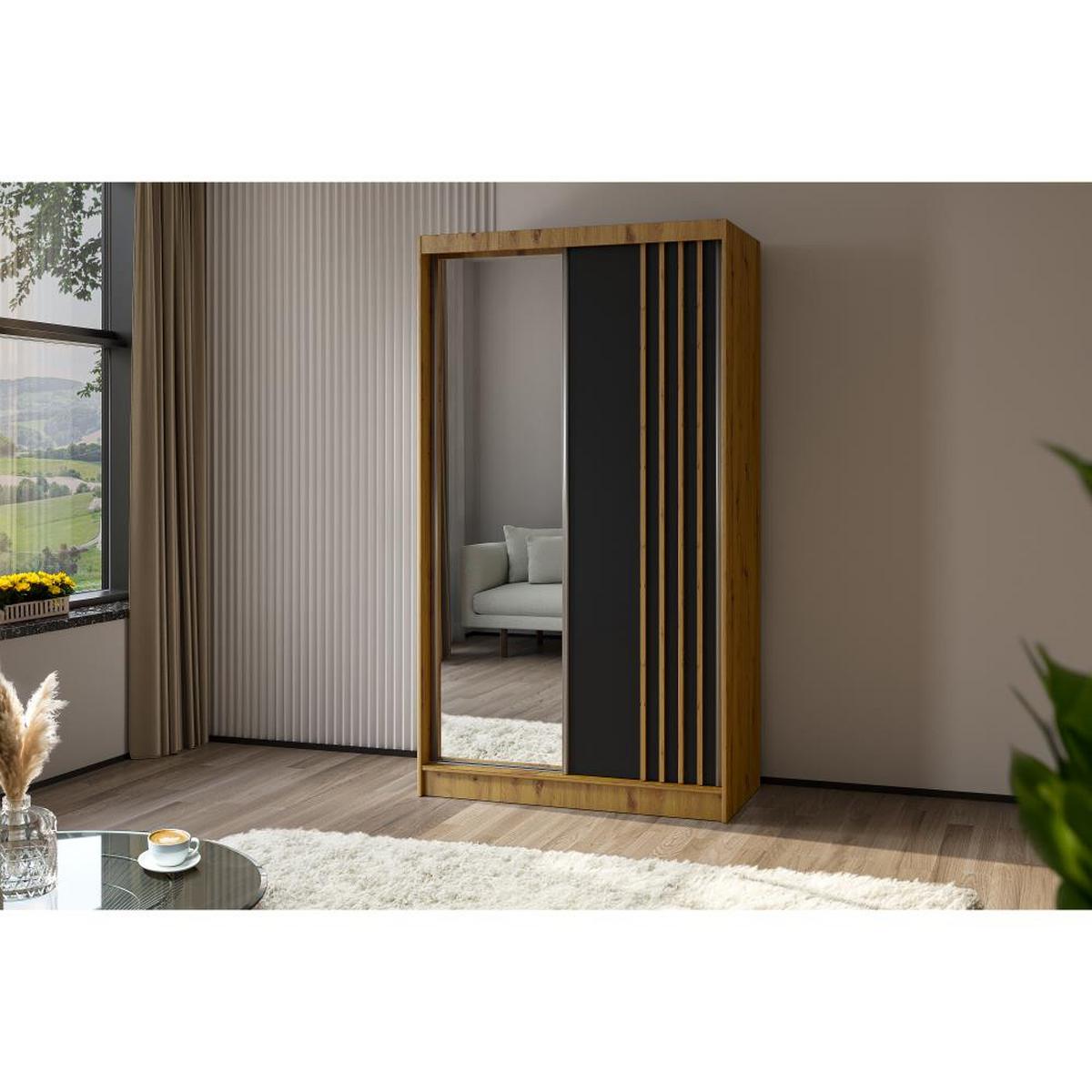 SCHWEBETÜRENSCHRANK Nela II 120/216/61 eiche artisan mit Schubladen - Schwarz/Eiche Artisan, Holzwerkstoff (120/216/61cm) - Beautysofa