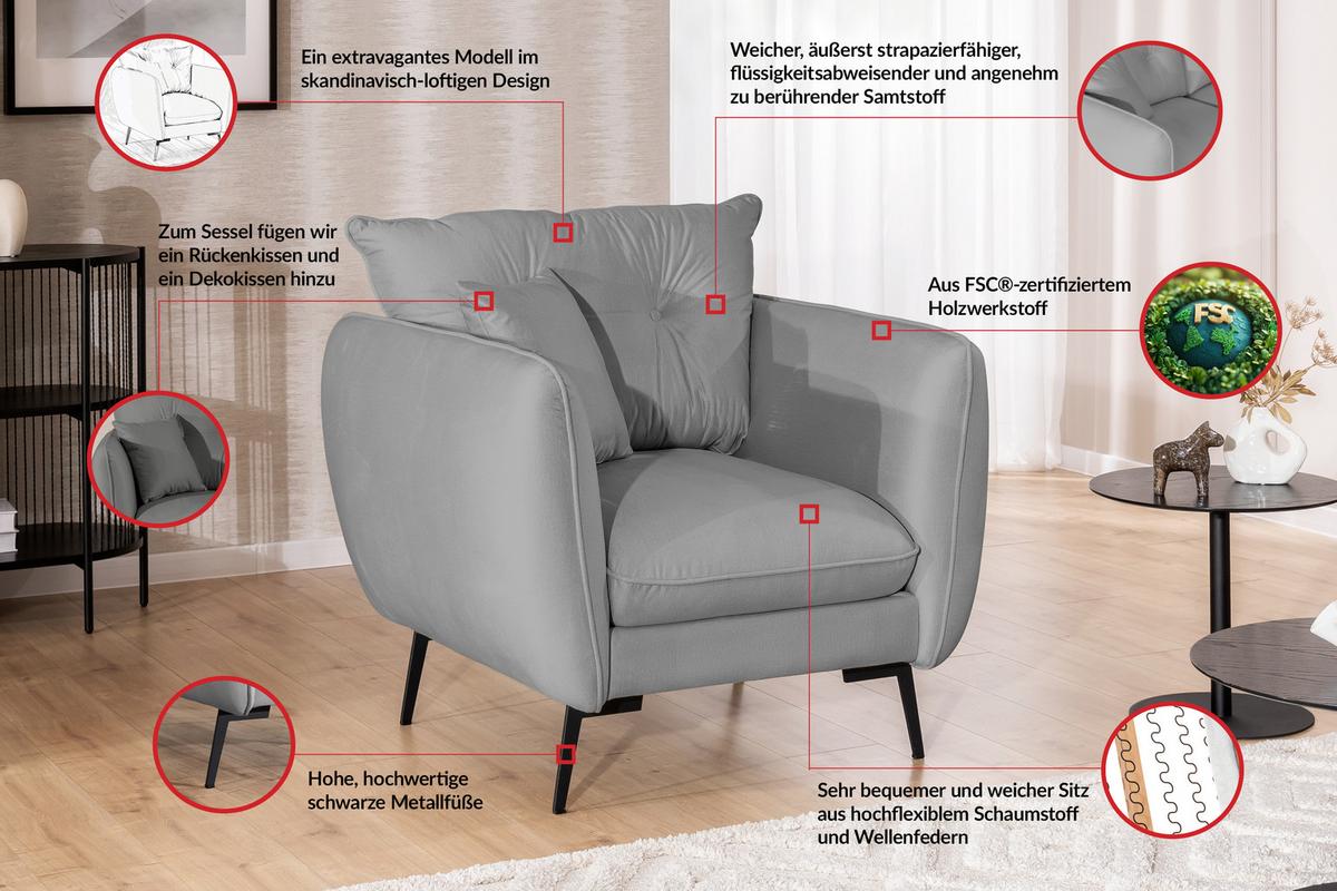 SESSEL Nordloft Hellgrau Samt - Hellgrau/Schwarz, Holz/Textil (101/86/100cm) - S-Style Möbel