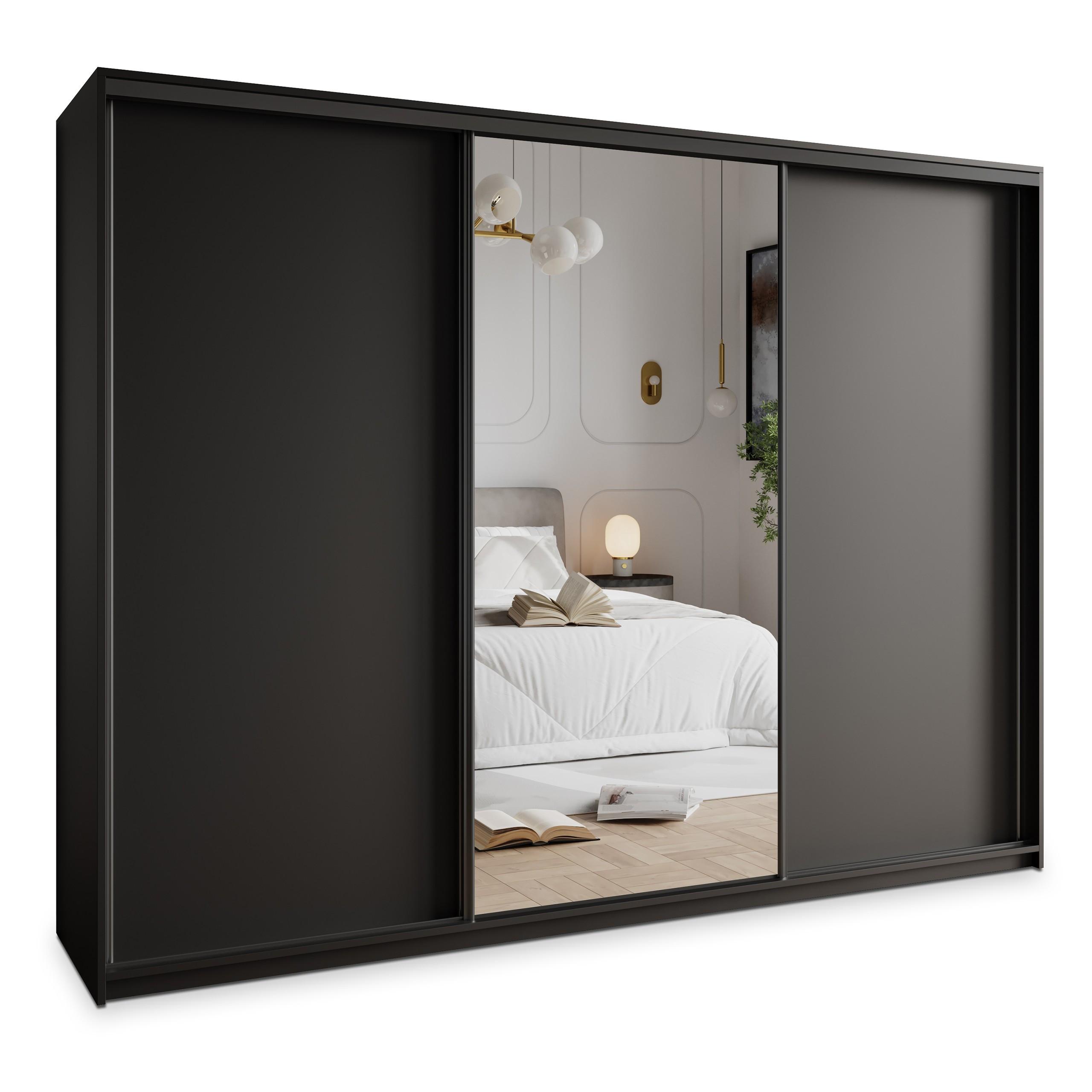 SCHWEBETÜRENSCHRANK TAVI 270/205/60 cm 3-türig mit Spiegel Schwarz - Schwarz, Holzwerkstoff (270/205/60cm) - MASSENO