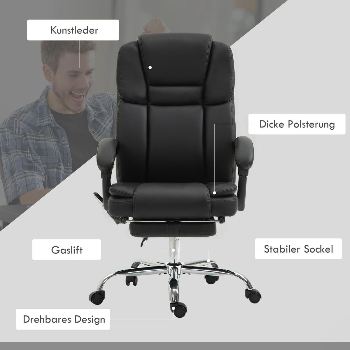BÜROSTUHL mit Massagefunktion PC-Stuhl mit Heiz-, Liegefunktion Schwarz - Silberfarben/Schwarz, Kunststoff/Metall (67/126/66cm) - Vinsetto