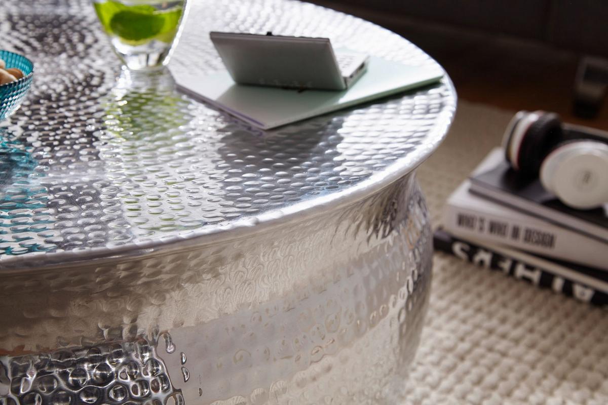COUCHTISCH Orient Handgefertigt Hammerschlag-Aluminium Großzügige Ablagefläche, Silber 75x75x31 cm - Silberfarben, Metall (75/75/31cm) - KADIMA DESIGN