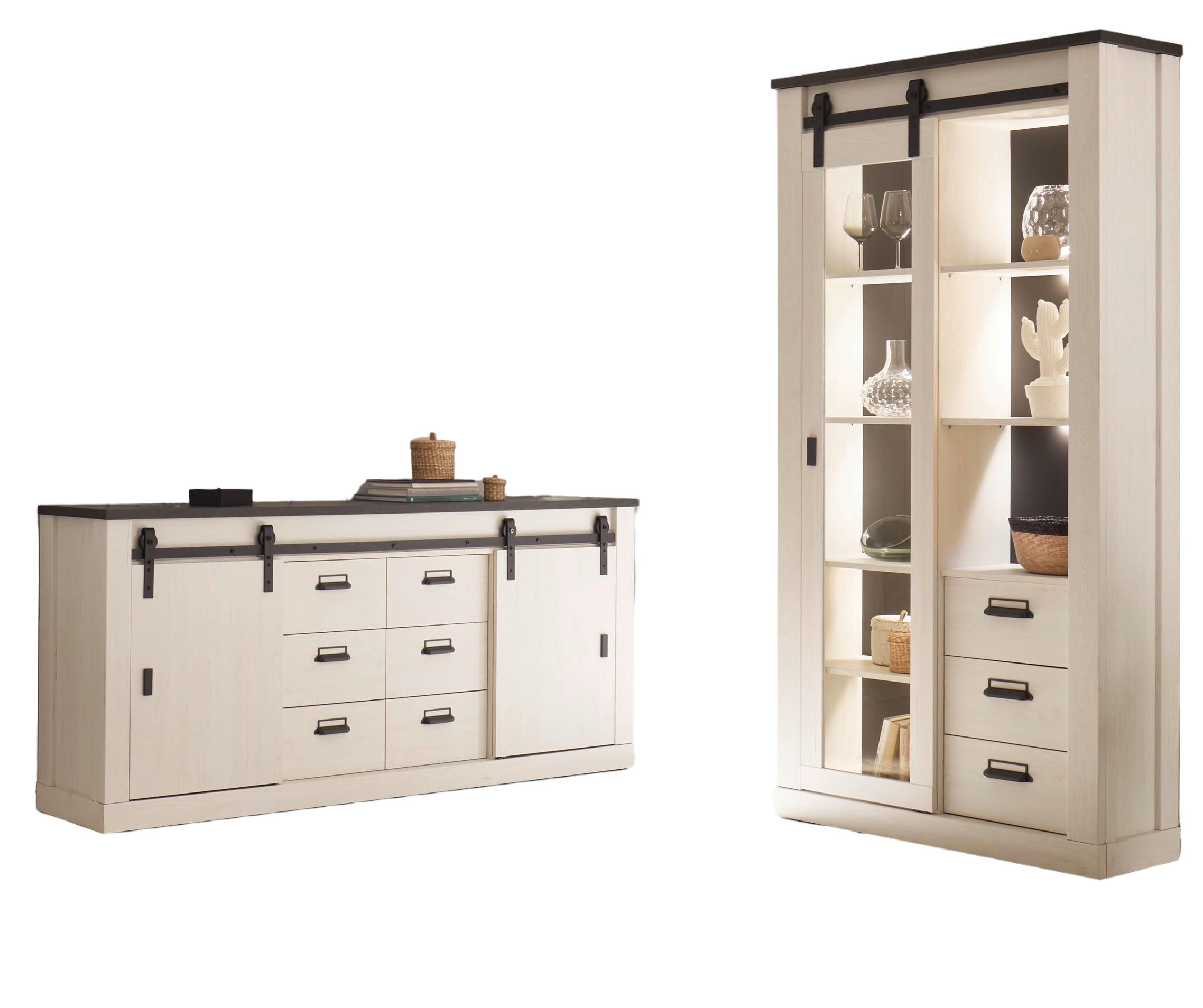 ESSZIMMER-SET weiß Pinie, anthrazit Landhaus, Wohnkombination 2-teilig - Anthrazit/Weiß, Holzwerkstoff/Metall (314/201/43cm) - Furn.Design
