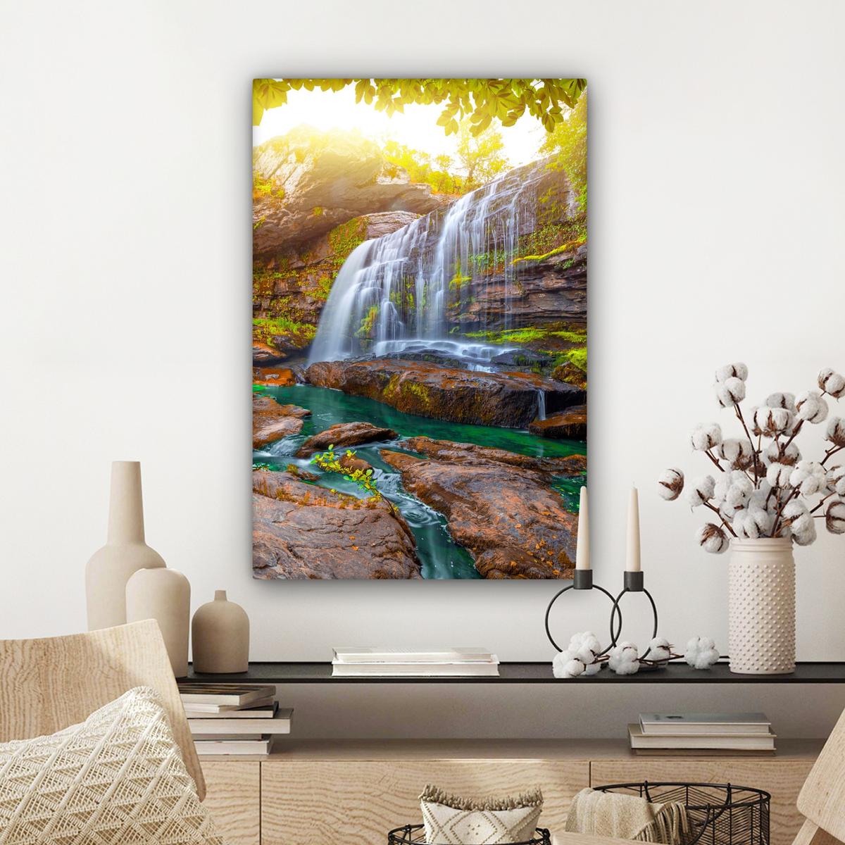 LEINWANDBILD Natur - Wasserfall - Pflanzen - Bäume - Sonne Wanddeko 40x60 cm - Olivgrün, Textil (40/60cm) - MuchoWow