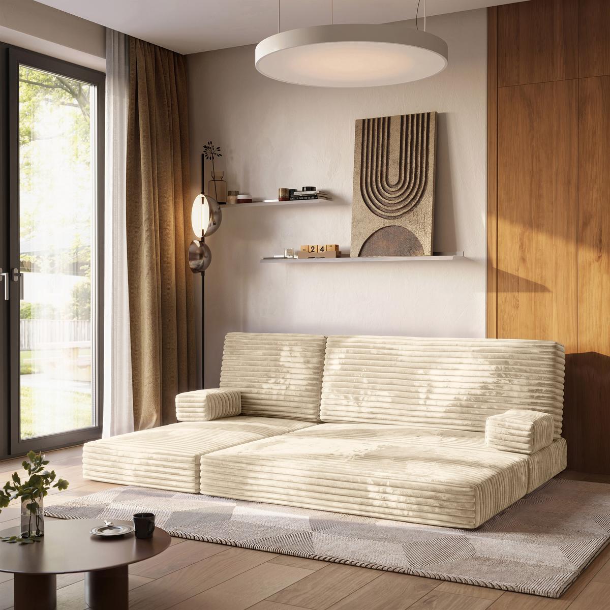 ECKSOFA NOTIA modulares Boneless Sofa mit Schlaffunktion Creme Kordstoff - Creme, Textil (200/120cm) - MASSENO