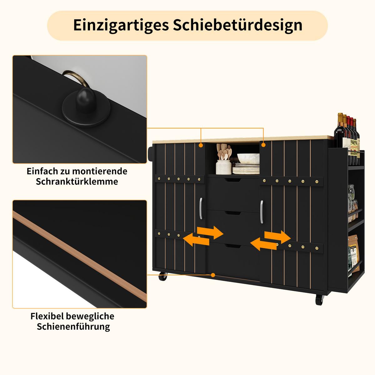 KÜCHENINSEL Schwarz auf Rollen mit Klappbarer Arbeitsplatte & Schiebetüren - Schwarz, Holzwerkstoff (110/90/42cm) - Urban Meuble