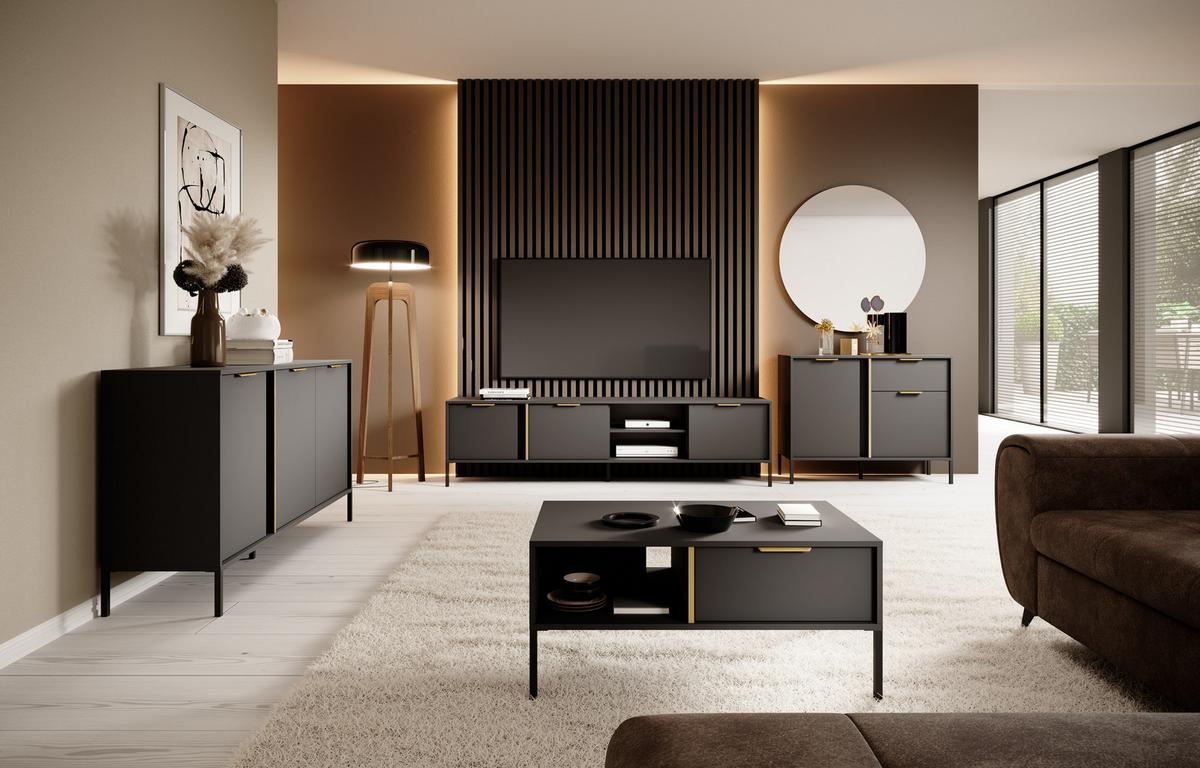 SIDEBOARD Catanian 4T Grau 202,9/81,4/39,5 cm – mit goldenen Griffen und schwarzen Beinen - Schwarz/Grau, Holzwerkstoff/Metall (202.9/81.4/39.5cm) - AX Living