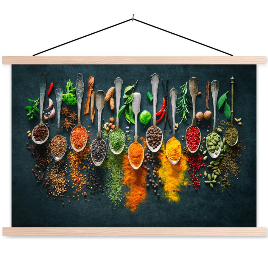 POSTER MIT MAGNETLEISTEN Kräuter - Gewürze - Löffel Wandbilder 60x40 cm - Currygelb, Textil (60/40/0.15cm) - MuchoWow