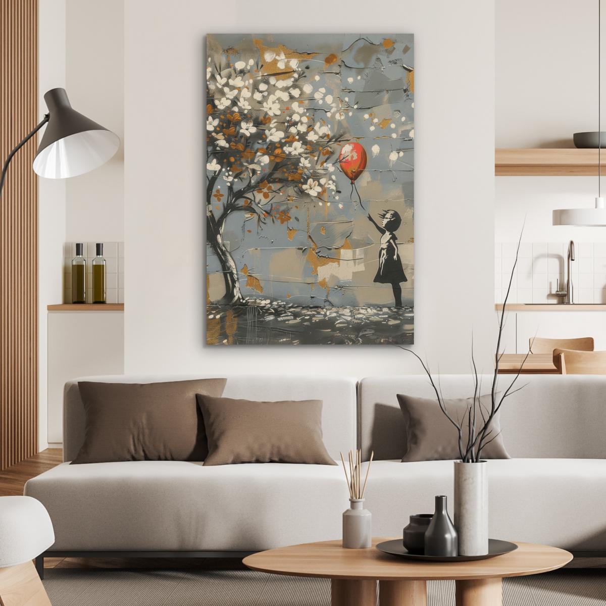 AKUSTIKBILD Baum - Graffiti - Banksy-Stil - Ballon-Mädchen Wanddeko 70x100 cm - Blaugrau, Kunststoff (70/100/0.9cm) - MuchoWow