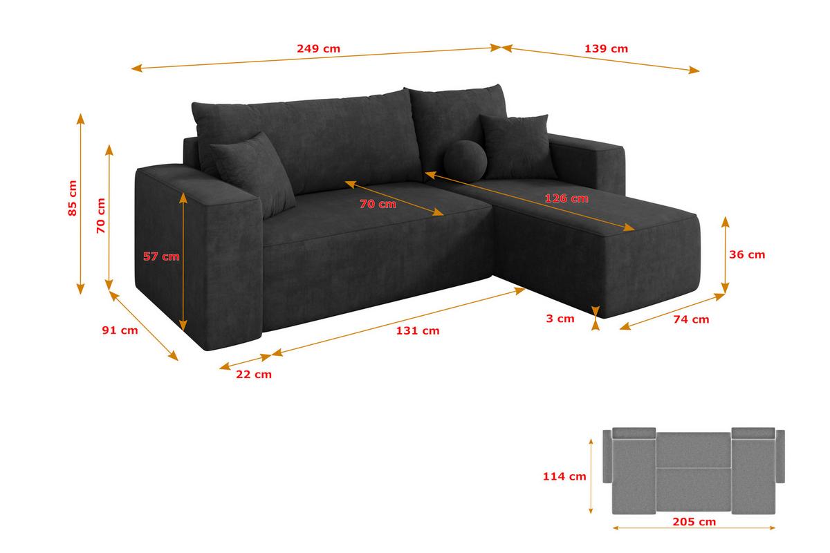 ECKSOFA mit Schlaffunktion Ottomane Rechts SENO-L 249x139x85 Dunkelgrau Velours - Anthrazit/Schwarz, Holzwerkstoff/Kunststoff (249/139cm) - ALTDECOR