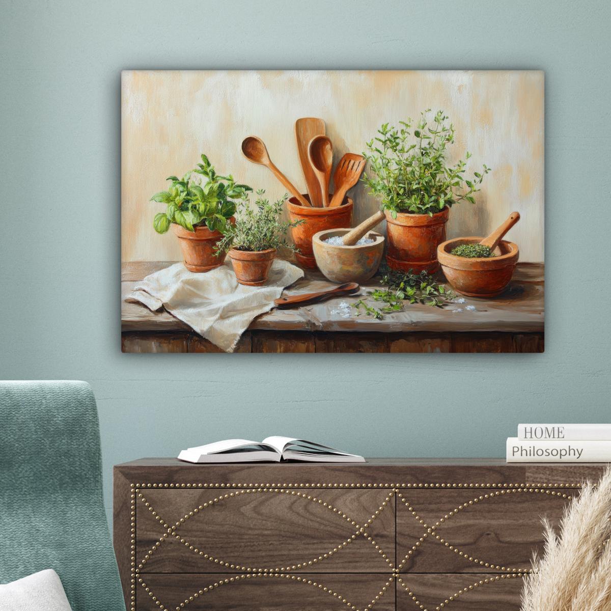 LEINWANDBILD Töpfe - Kräuter - Holz Wanddeko 90x60 cm - Terracotta, Textil (90/60cm) - MuchoWow
