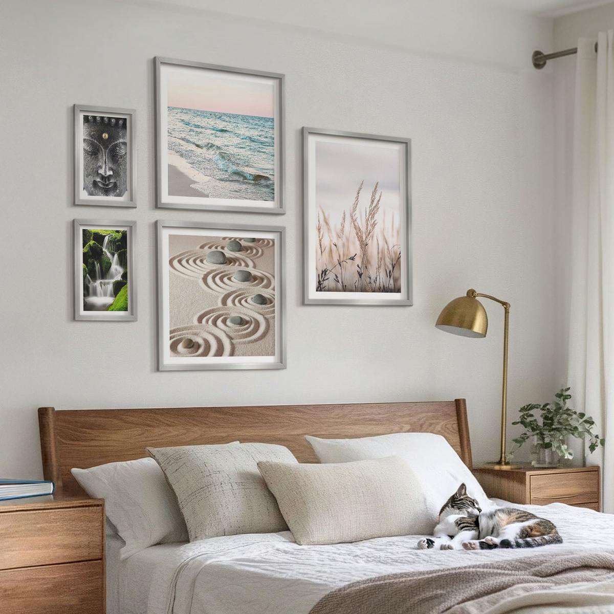 BILDER SET 5er Set - 50x50 cm & 20x30 cm & 40x60 cm Silberner Rahmen - Nachthimmel, Berge, Sterne - Silberfarben, Kunststoff (40/60cm) - TULUP