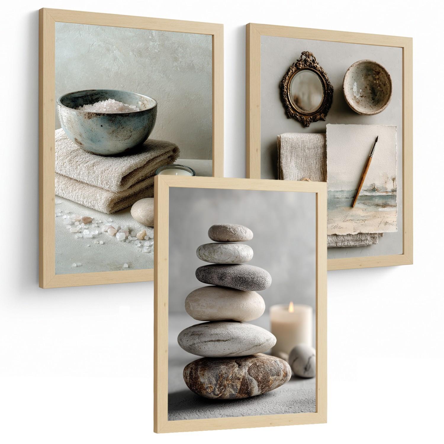 POSTER 3er-Set moderne Badezimmer-Wandposter, Entspannungsposter im Spa-Stil WC mit Steinen, Kerzen und Salzen, Zen-Dekoration Leichter Holzrahmen A3 - Beige, Papier (42/29.7/3cm) - Nacnic