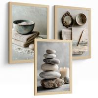 POSTER 3er-Set moderne Badezimmer-Wandposter, Entspannungsposter im Spa-Stil WC mit Steinen, Kerzen und Salzen, Zen-Dekoration Leichter Holzrahmen A3 - Beige, Papier (42/29.7/3cm) - Nacnic
