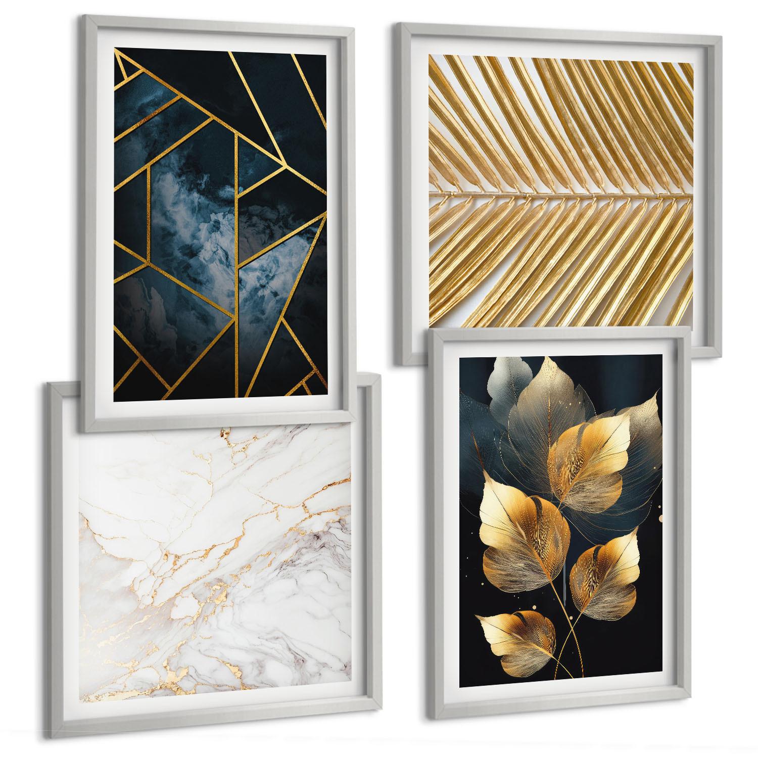 BILDER SET 4er Set - 50x50 cm & 40x60 cm Silberner Rahmen - Moderne Pflanzenmuster - Silberfarben, Kunststoff (50/50cm) - TULUP