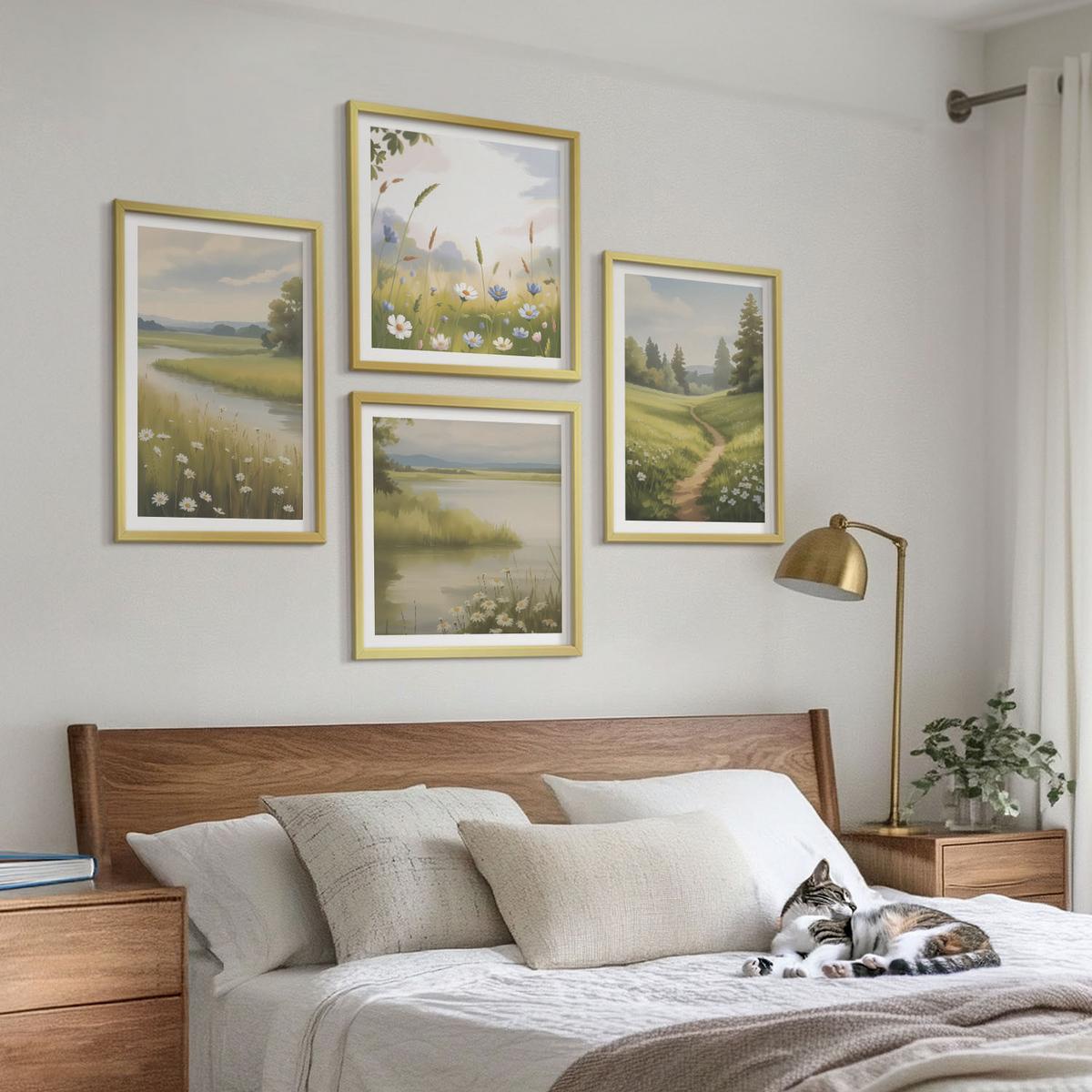 BILDER SET 4er Set - 50x50 cm & 40x60 cm Goldrahmen - Frühlingslandschaft Flusswiese - Goldfarben, Kunststoff (50/50cm) - TULUP