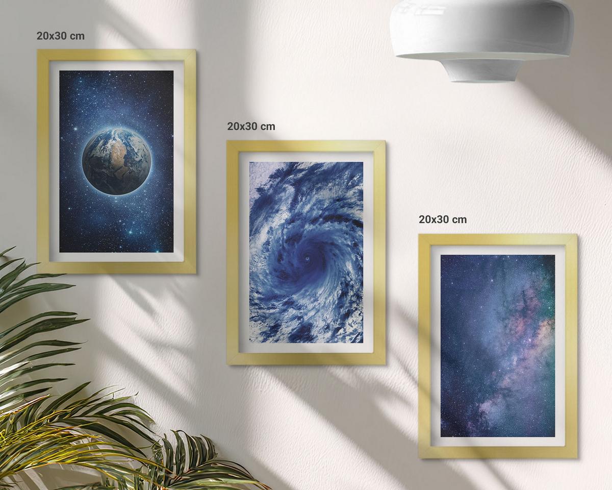 BILDER SET 3er Set - 20x30 cm Goldrahmen - Erde Weltraumsturm Galaxie - Goldfarben, Kunststoff (20/30cm) - TULUP