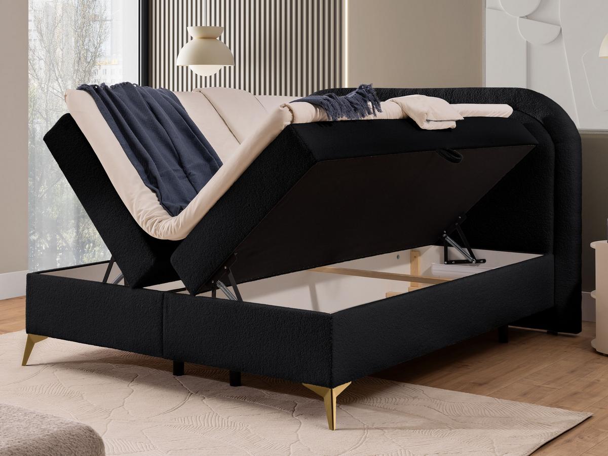 BOXBETT Sonna 160/200 cm Schwarz Bouclé-Stoff mit abgerundetem Kopfteil und mit goldenen Metallfüßen - Goldfarben/Schwarz, Holz/Textil (160/200cm) - S-Style Möbel
