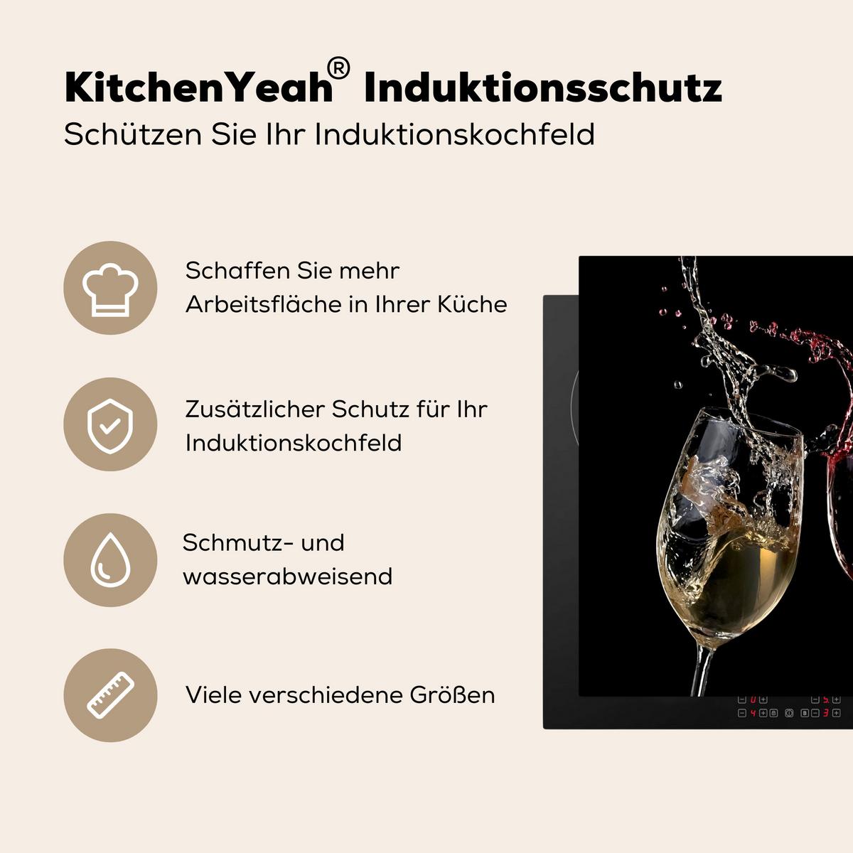 HERDABDECKPLATTE Rotwein - Weißwein - Glas - Schwarz Ceranfeldabdeckung 59x52 cm - Weinrot, Kunststoff (59/52/0.2cm) - MuchoWow
