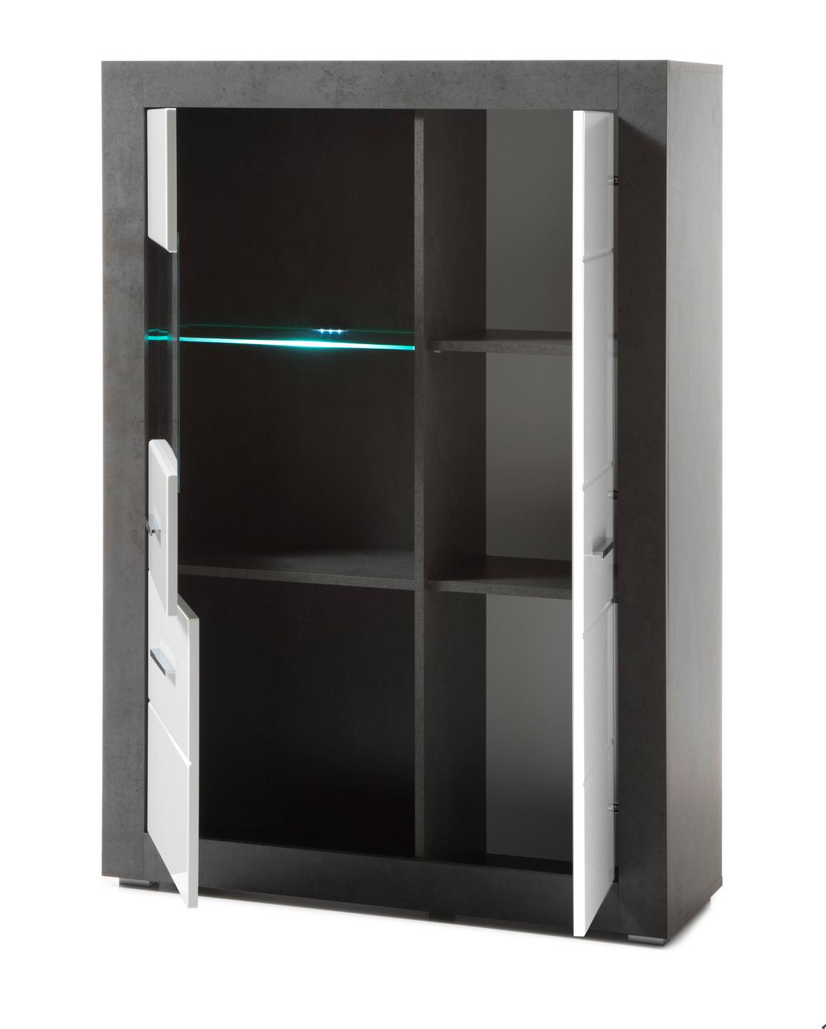 VITRINE weiß Hochglanz, grau Stone 100 cm, Vitrinenschrank 3-türig - Chromfarben/Weiß Hochglanz, Glas/Holzwerkstoff (100/142/35cm) - Furn.Design