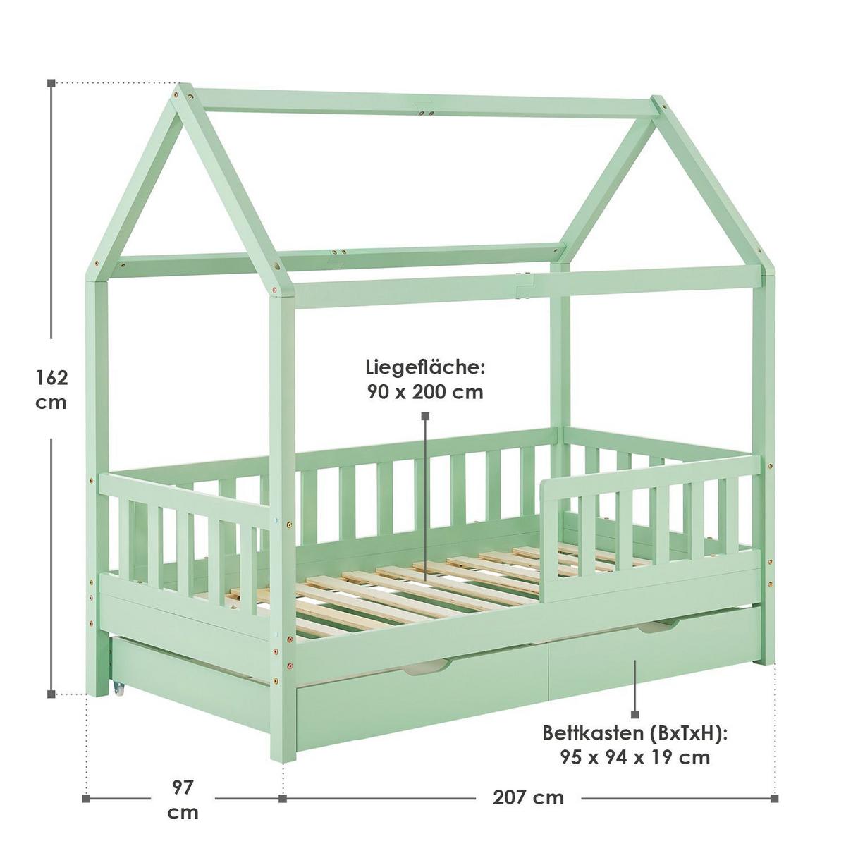 KINDERBETT Marli mint 90x200 cm mit Bettkasten - Mintgrün, Holz (90/200cm) - Juskys