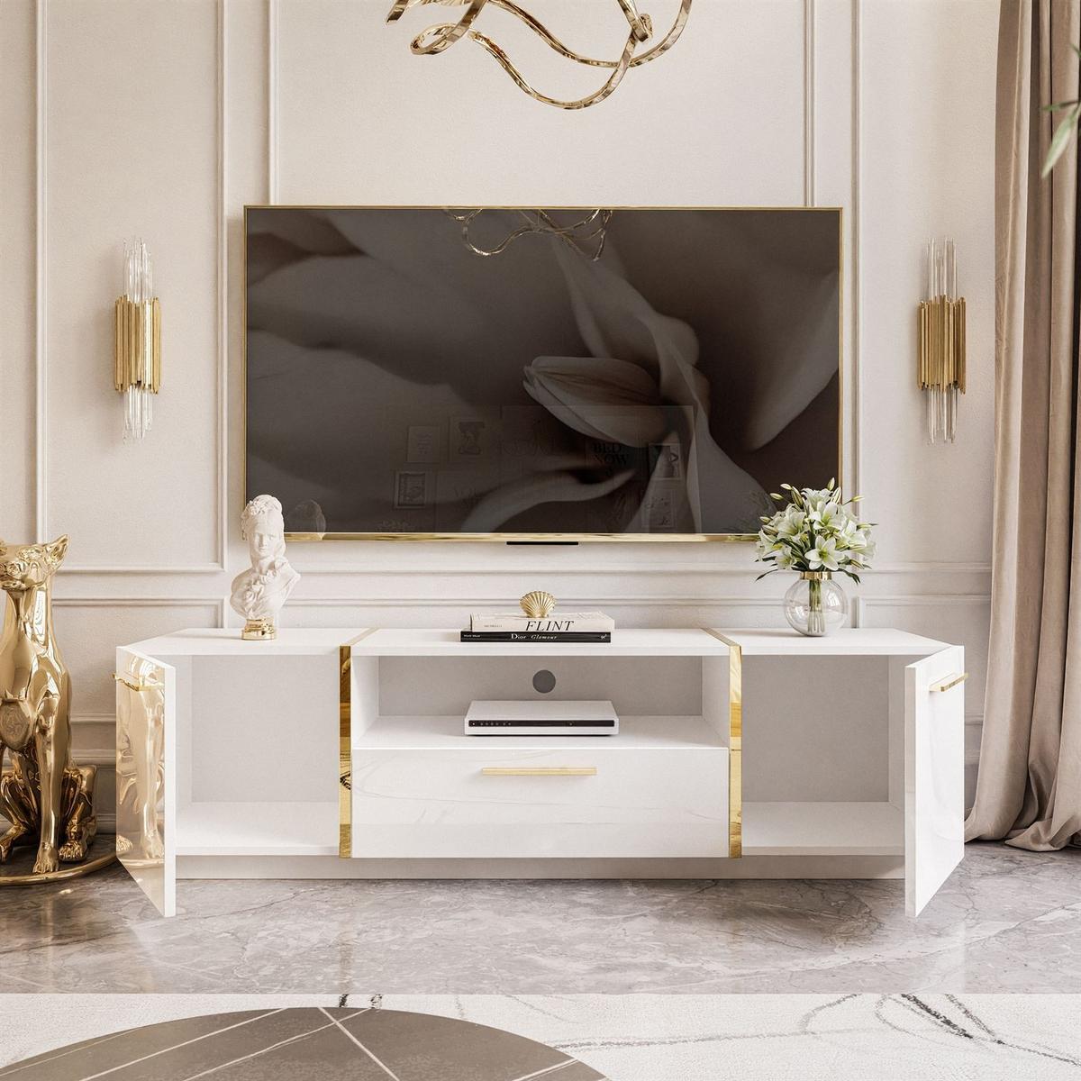 TV-ELEMENT ONYX HOCHGLANZ 158 CM - Weiß, Holzwerkstoff (158/46/41.3cm) - Lookway