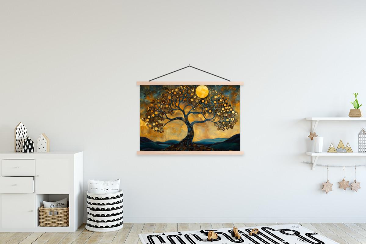 POSTER MIT MAGNETLEISTEN Baum - Mond - Blumen - Gold - Kunst Magnetleiste 120x80 cm - Orange, Textil (120/80/0.15cm) - MuchoWow