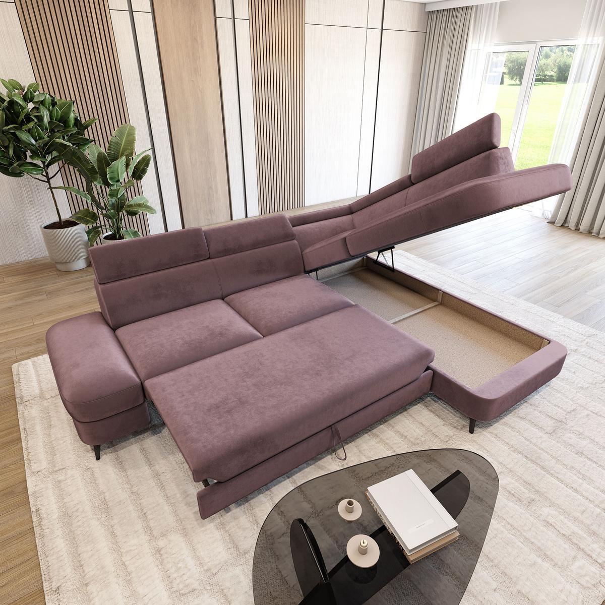 ECKSOFA AVISE M R-S Lila Velours-Stoff mit Schlaffunktion - Lila, Holzwerkstoff/Textil (268/195cm) - MASSENO