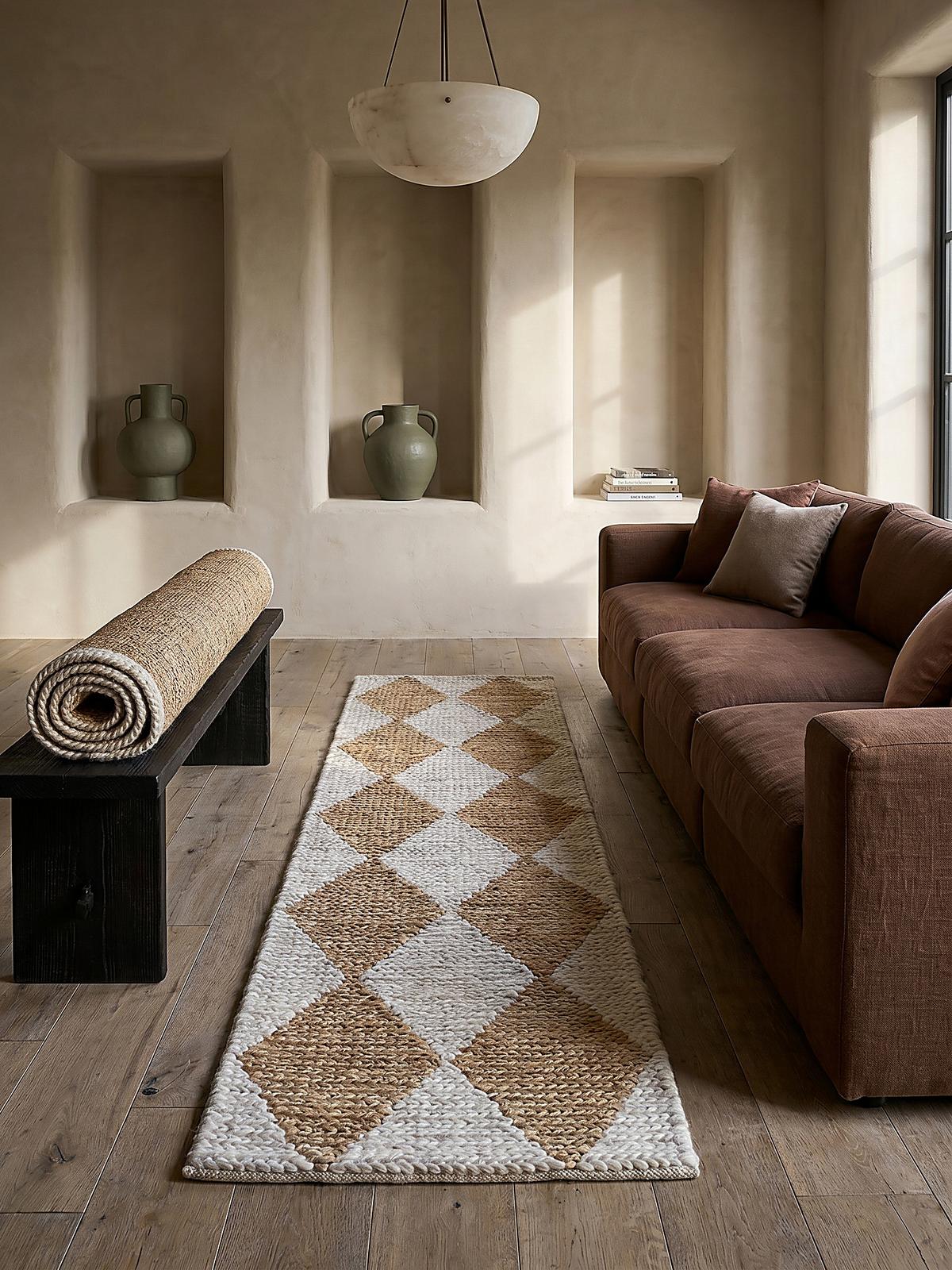 JUTETEPPICH BAIN, mit Rautenmuster, Beige, 60 x 230 cm - Beige, Textil (230/60cm) - KADIMA DESIGN