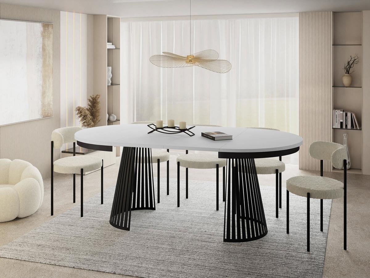 ESSTISCH Naro rund ausziehbar mit Schwarzem Lamellen-Metallgestell, Weiß 100-180/100/76 cm - Schwarz/Weiß, Holzwerkstoff/Metall (100/176/76cm) - WFL GROUP