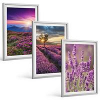 BILDER SET 3er Set - 40x60 cm Silberner Rahmen - Sonnenuntergang auf Lavendelfeldern - Silberfarben, Kunststoff (40/60cm) - TULUP