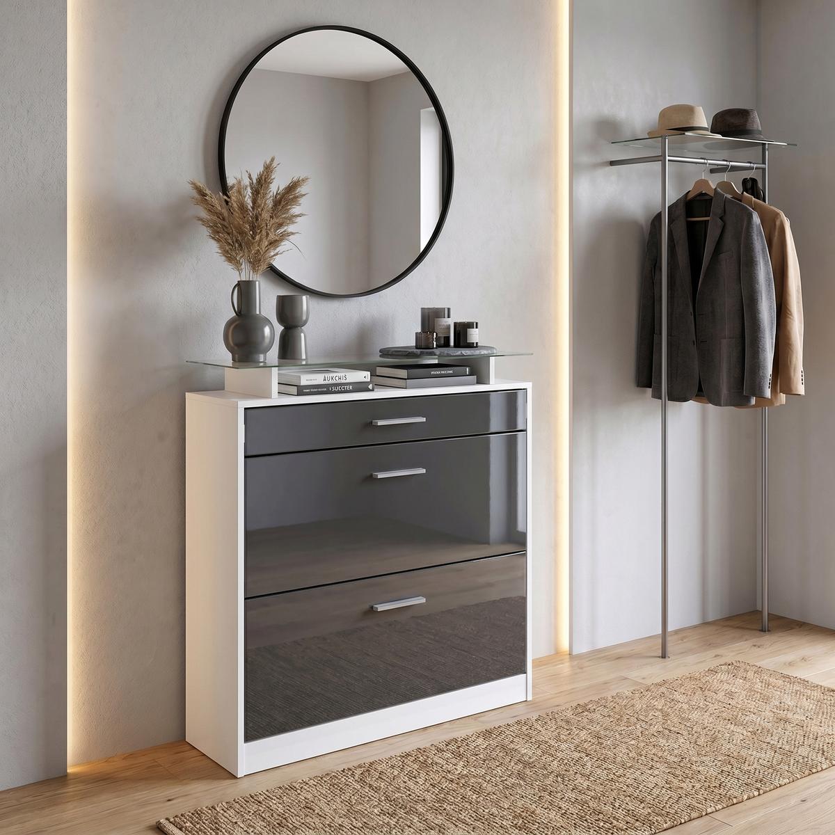 SCHUHSCHRANK Loret Front in Grau Hochglanz - Grau, Holzwerkstoff (89/104/23cm) - Vladon