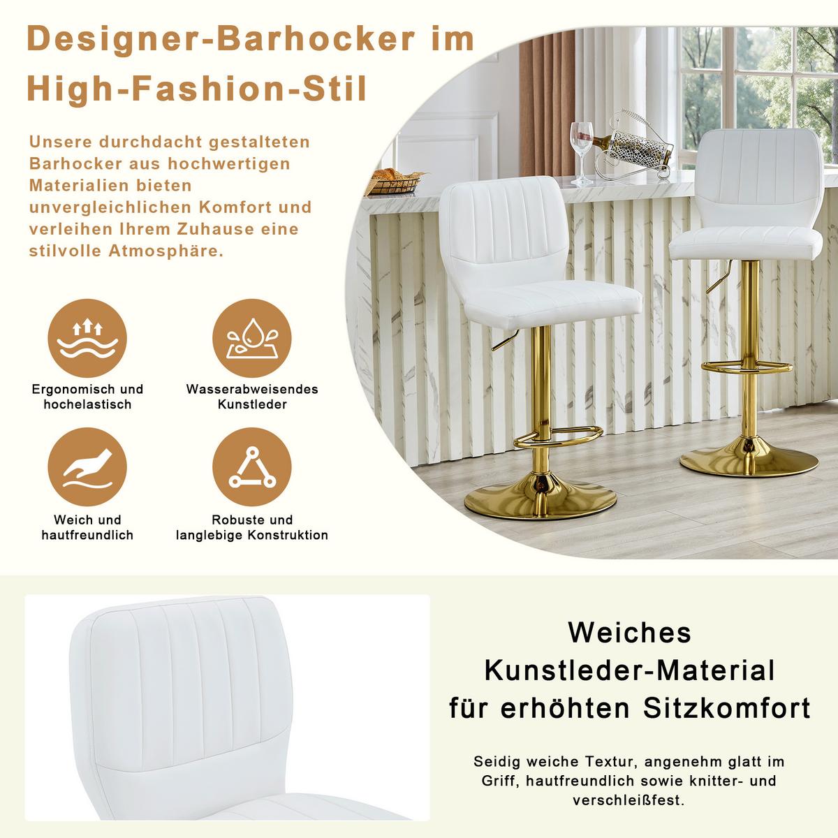 BARHOCKER 2ER-SET aus Kunstleder in Weiß und Gold, höhenverstellbar und 360° drehbar - Weiß, Leder (52/62/45cm) - Urban Meuble