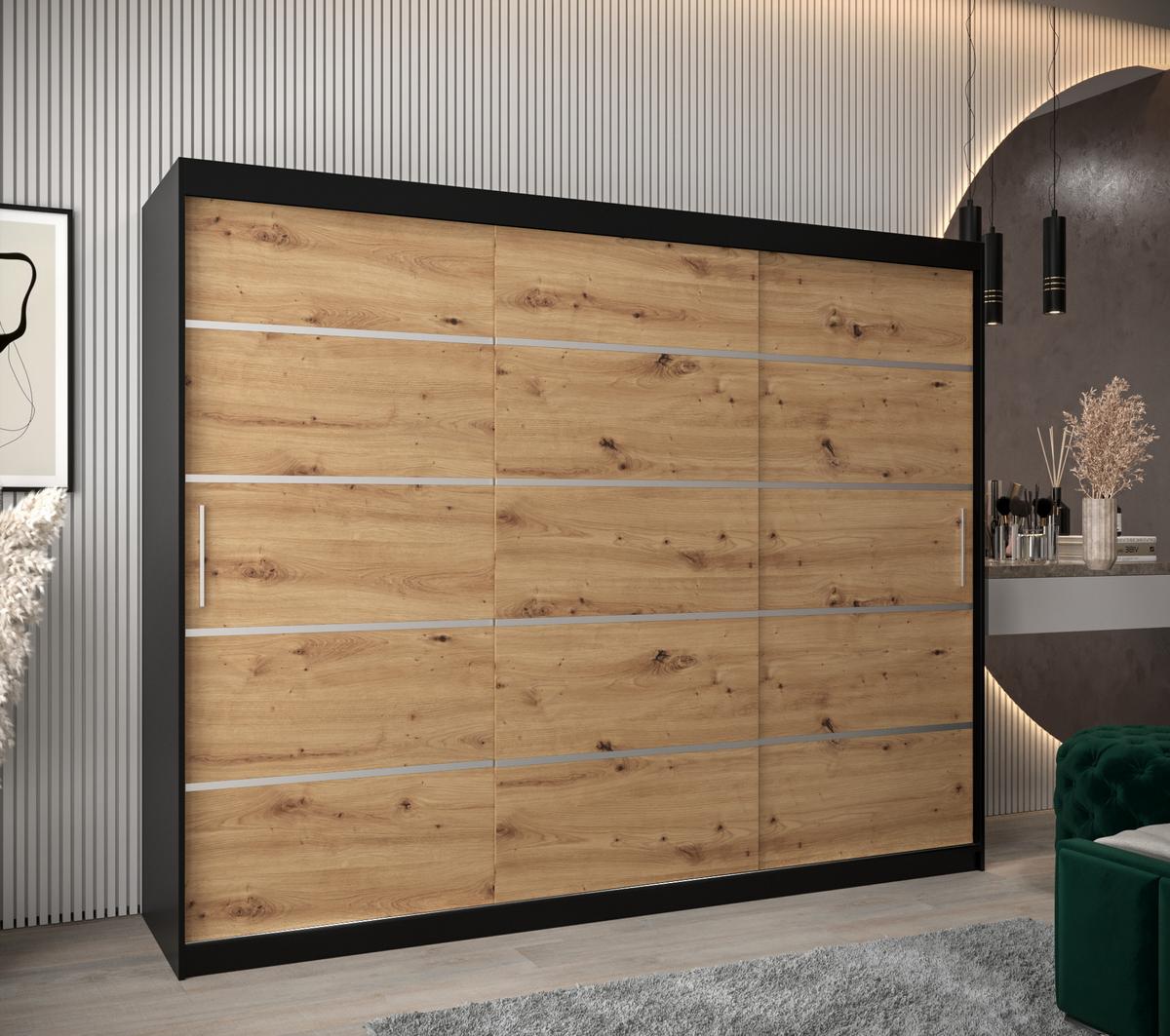 SCHWEBETÜRENSCHRANK 200/250/62 3-türig - Silberfarben/Schwarz, Holz/Kunststoff (250/200/62cm) - MÖBEL KRYSPOL