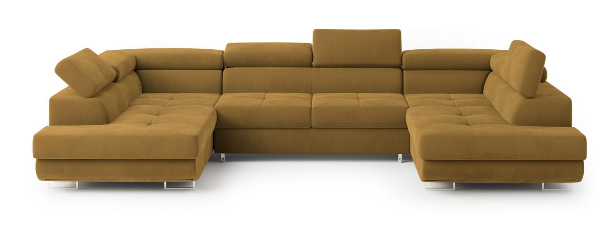 WOHNLANDSCHAFT RAGGIO Gelb Velours-Stoff mit Schlaffunktion - Gelb, Holz (336/90/202cm) - MASSENO