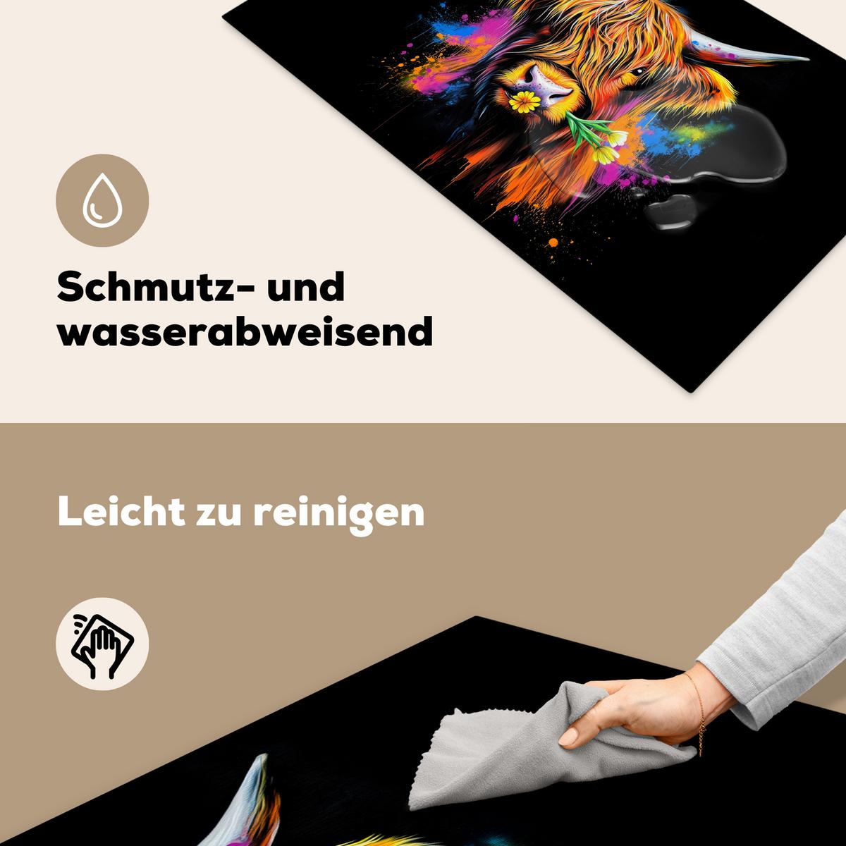 HERDABDECKPLATTE Schottischer Highlander - Graffiti - Bunt - Blume - Tiere Induktionsschutz 91.6x52.7 cm - Multicolor, Kunststoff (91.6/52.7/0.2cm) - MuchoWow
