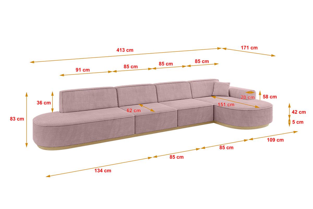 ECKSOFA Ottomane Rechts MARI-L3-v2 - 413x171x83 cm Rosa Cord - Rosa, Holzwerkstoff/Textil (171/413cm) - ALTDECOR