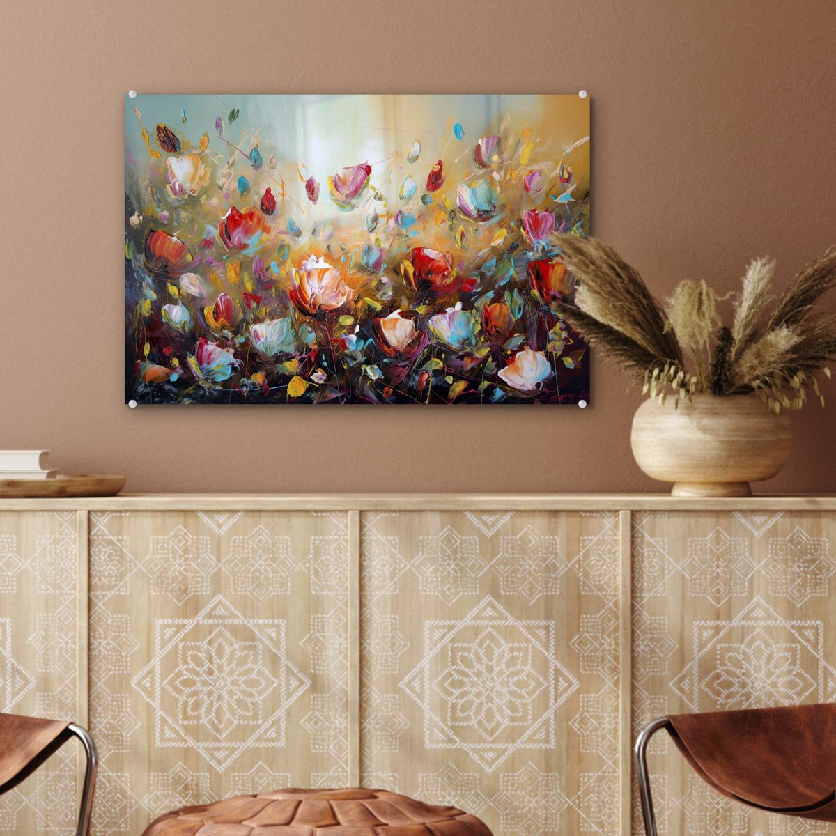 ACRYLGLASBILD Blumen - Kunst - Natur - Ölgemälde Wanddeko 60x40 cm - Multicolor, Glas (60/40cm) - MuchoWow