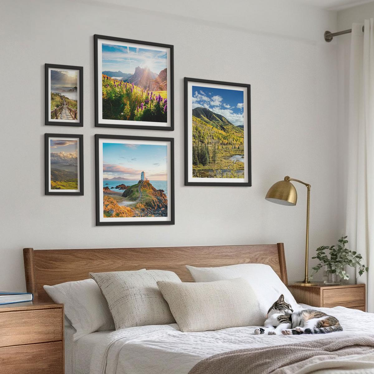 BILDER SET 5er Set - 50x50 cm & 20x30 cm & 40x60 cm Schwarzer Rahmen - Berglandschaften Wasserfall - Schwarz, Kunststoff (40/60cm) - TULUP