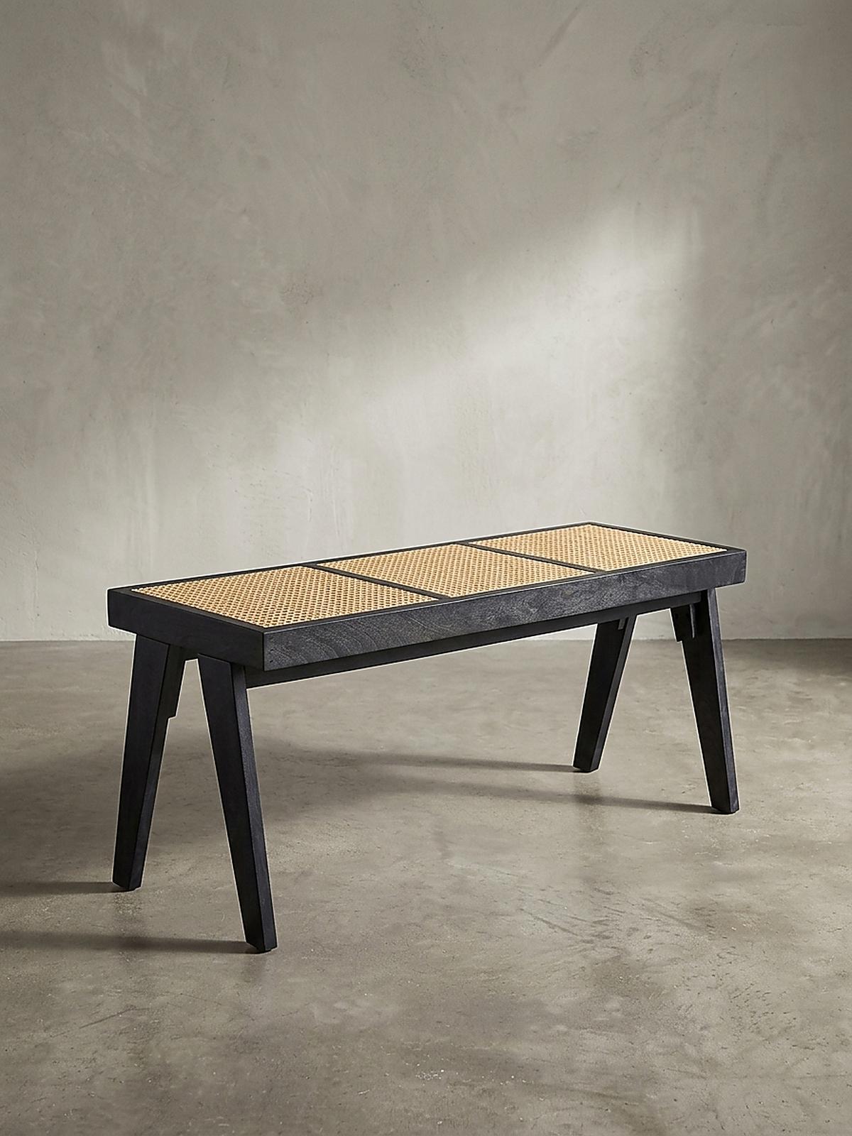 SITZBANK SILVES, Rattan, Schwarz-Natur, 120 x 38 x 48 cm - Beige/Schwarz, Akazienholz/Naturmaterialien (120/48/38cm) - KADIMA DESIGN