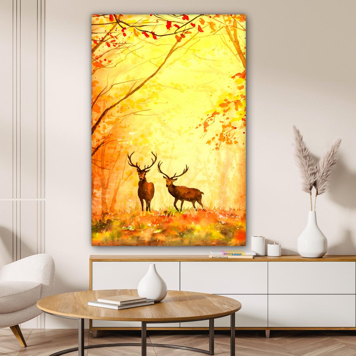 LEINWANDBILD Natur - Ölfarbe - Hirsche - Tiere - Herbst - Orange Deko Groß 90x140 cm - Orange, Textil (90/140cm) - MuchoWow