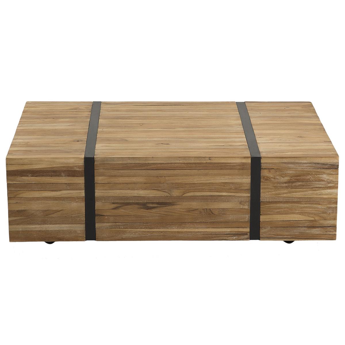 COUCHTISCH Teakholz hellbraun rechteckig 69/110 cm rollbar Gander - Hellbraun/Schwarz, Holz (69/110/37cm) - Beliani
