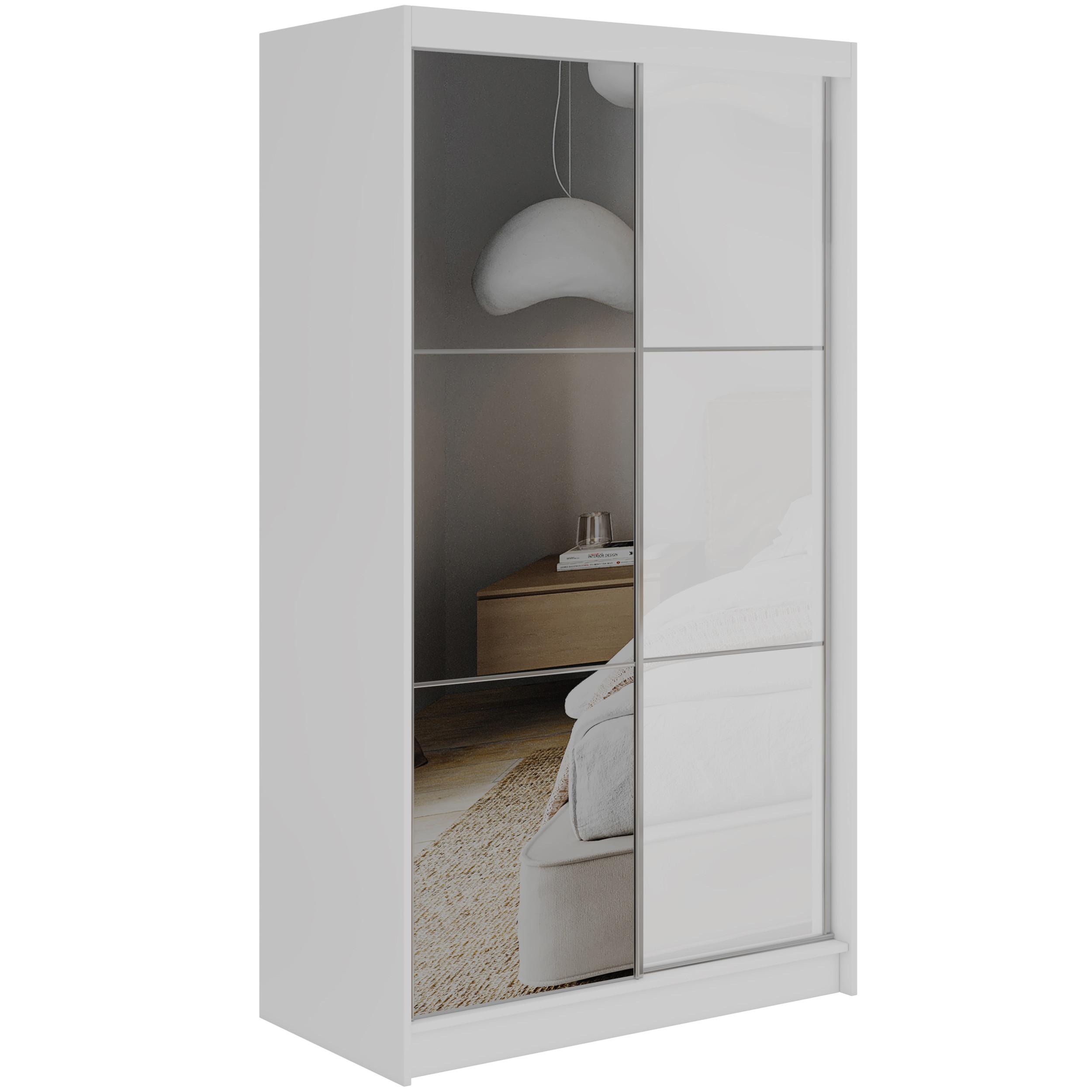 SCHWEBETÜRENSCHRANK mit Spiegel und Schubladen - WALENCJA - 120 - Weiß lacobel - Alufarben/Weiß, Holzwerkstoff/Metall (120/216/61cm) - MKS