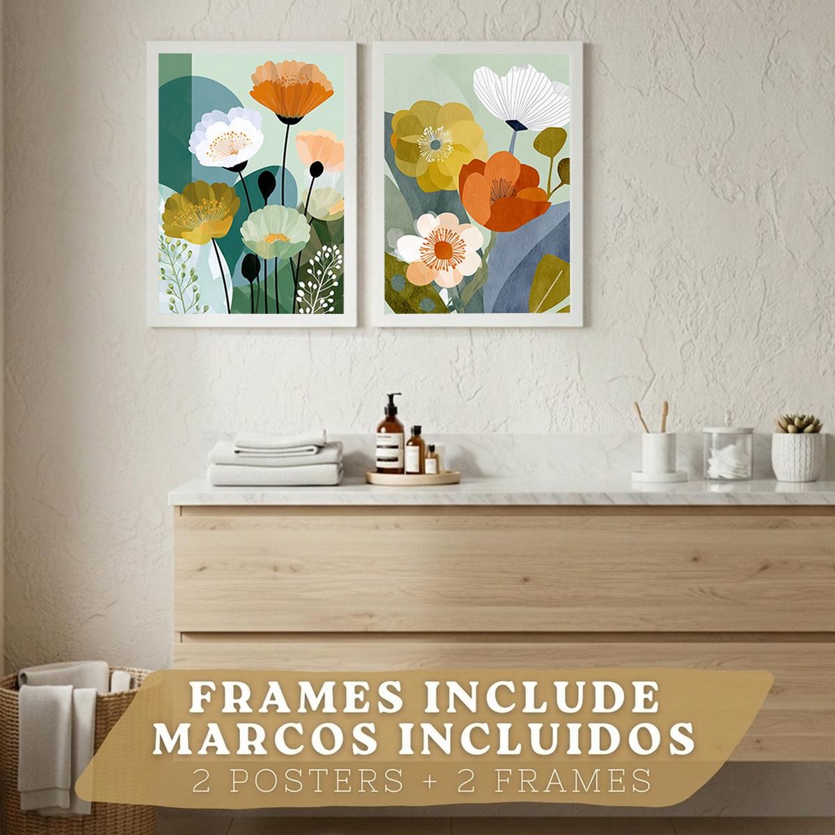 POSTER 2er-Set dekorative Badezimmerdrucke, moderne florale Wandposter für Waschbecken, Dusche, abstrakte florale, nordischer Stil Weißer Rahmen A3 - Weiß, Papier (42/29.7/3cm) - Nacnic