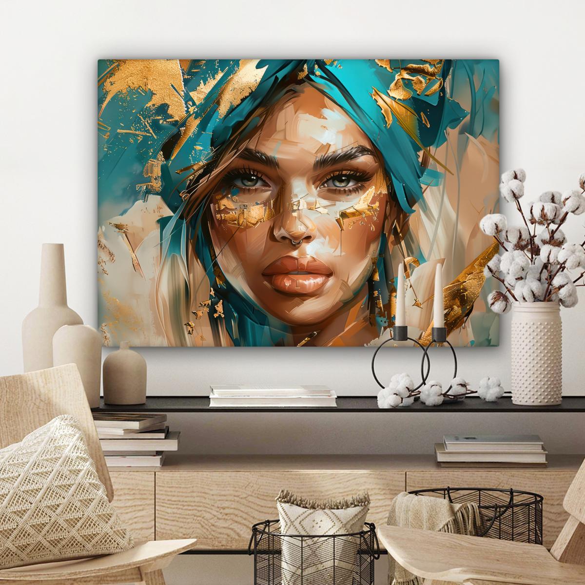 LEINWANDBILD Frau - Porträt - Gold - Luxus - Blau Wandbilder 80x60 cm - Türkis, Textil (80/60cm) - MuchoWow