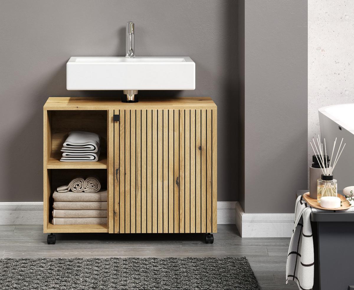 WASCHBECKENUNTERSCHRANK Evoke Eiche 80 cm, Badschrank auf Rollen - Eichefarben/Schwarz, Holzwerkstoff/Kunststoff (80/64/42cm) - Top.Furn