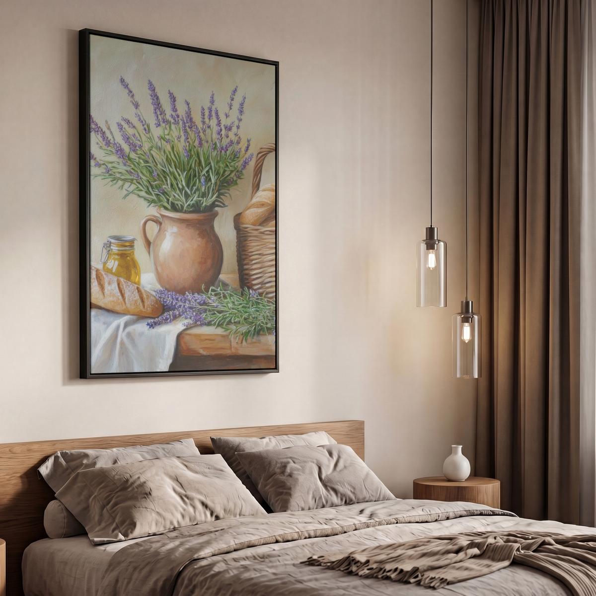 LEINWAND Bilder mit Rahmen - Lavendel - Brot - Stilleben - 60x90 - Flieder, Textil (60/90cm) - MuchoWow