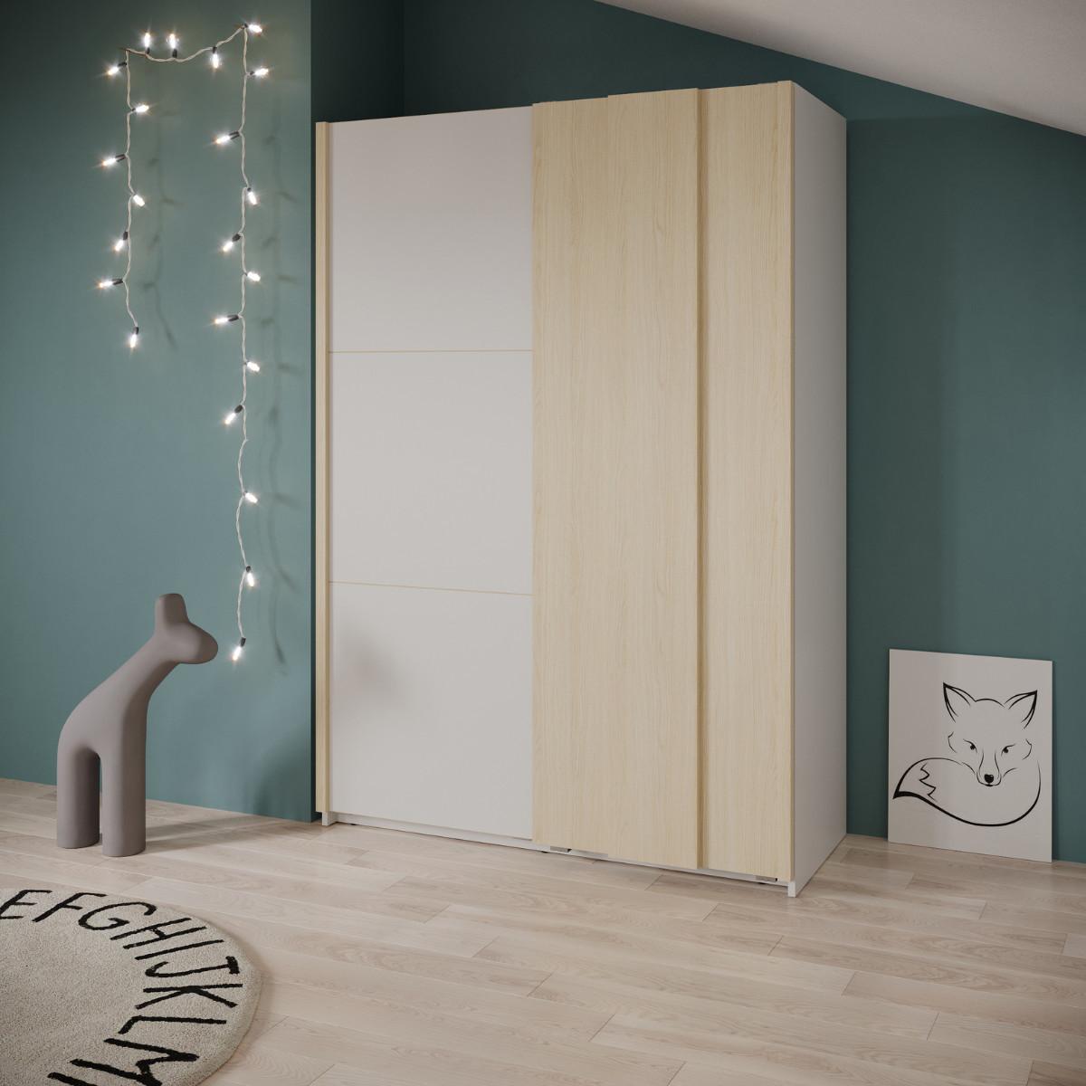 SCHRANK mit 2 Schiebetüren in Weiß und Eichenholz-Finish 140,1/64/203 cm - Weiß, Holzwerkstoff (64/203/67.7cm) - Calicosy