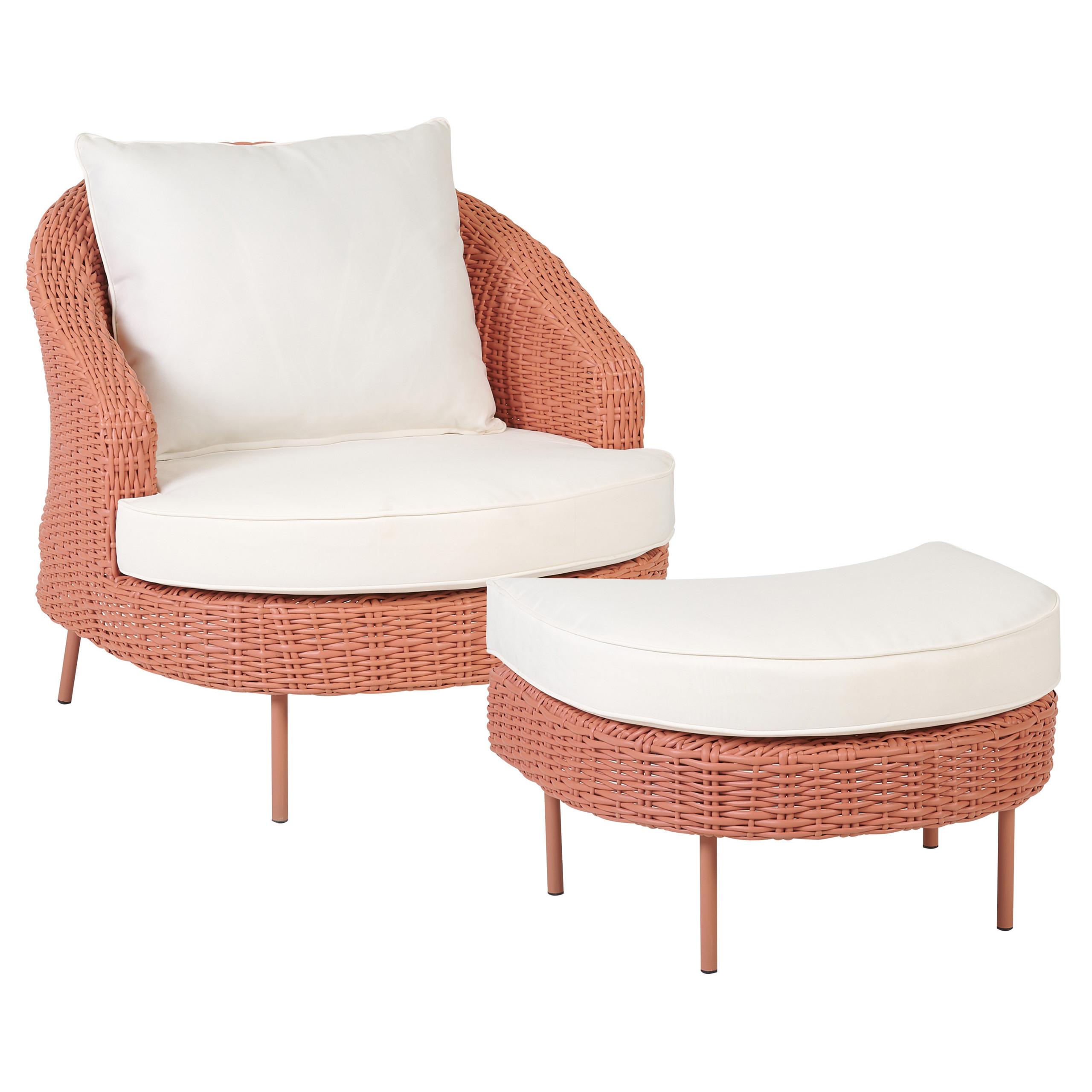 SESSEL mit Ottomane Rattan PE pfirsichrosa Arcille - Rosa, Kunststoff (80/80/151cm) - Beliani